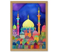 Artery8 Mosque Cityscape Islam Folk Art Artwork Framed Wall Art Print A4 in Light Oak Artery8 Light Oak