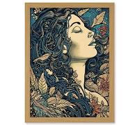 Mother Nature Modern Boho Art Nouveau Linocut Artwork Framed Wall Art Print A4 Artery8 Light Oak One Size