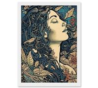 Artery8 Mother Nature Modern Boho Art Nouveau Linocut Artwork Framed Wall Art Print A4