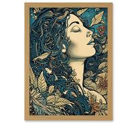 Mother Nature Modern Boho Art Nouveau Linocut Artwork Framed Wall Art Print A4 Artery8 Light Oak One Size