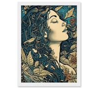 Artery8 Mother Nature Modern Boho Art Nouveau Linocut Artwork Framed Wall Art Print A4