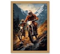 Wall Art Print Motocross Bikers Racing Action Shot Oil Painting Stone Blue Orange Scenic Mountain Landscape Artwork Framed A4 Artery8 Light Oak A4