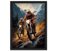 Artery8 Motocross Bikers Racing Action Shot Oil Painting Stone Blue Orange Scenic Mountain Landscape Artwork Framed A3 Wall Art Print