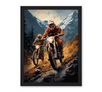 Artery8 Motocross Bikers Racing Action Shot Oil Painting Stone Blue Orange Scenic Mountain Landscape Artwork Framed Wall Art Print 18X24 Inch