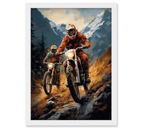Artery8 Motocross Bikers Racing Action Shot Oil Painting Stone Blue Orange Scenic Mountain Landscape Artwork Framed A3 Wall Art Print