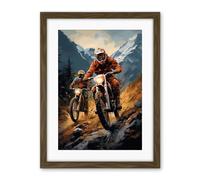 Artery8 Motocross Bikers Racing Action Shot Oil Painting Stone Blue Orange Scenic Mountain Landscape Artwork Framed Wall Art Print 18X24 Inch
