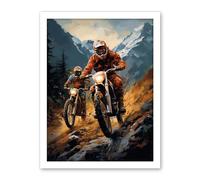 Artery8 Motocross Bikers Racing Action Shot Oil Painting Stone Blue Orange Scenic Mountain Landscape Artwork Framed Wall Art Print 18X24 Inch
