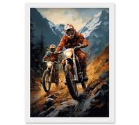 Wall Art Print Motocross Bikers Racing Action Shot Oil Painting Stone Blue Orange Scenic Mountain Landscape Artwork Framed A4 Artery8 White A4