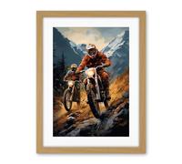 Artery8 Motocross Bikers Racing Action Shot Oil Painting Stone Blue Orange Scenic Mountain Landscape Artwork Framed Wall Art Print 18X24 Inch