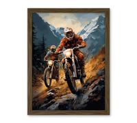 Artery8 Motocross Bikers Racing Action Shot Oil Painting Stone Blue Orange Scenic Mountain Landscape Artwork Framed Wall Art Print 18X24 Inch