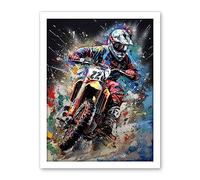 Artery8 Motocross Race Action Shot Extreme Sport Painting Artwork Framed Wall Art Print 18X24 Inch