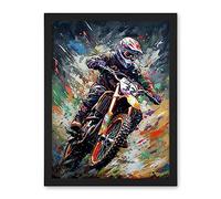 Artery8 Motocross Race Action Shot Paint Splat Portrait Artwork Framed Wall Art Print 18X24 Inch