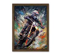 Artery8 Motocross Race Action Shot Paint Splat Portrait Artwork Framed Wall Art Print 18X24 Inch