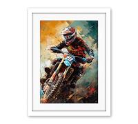 Artery8 Motocross Race Driver Sport Action Shot Painting Artwork Framed Wall Art Print 18X24 Inch
