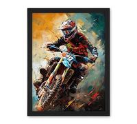 Artery8 Motocross Race Driver Sport Action Shot Painting Artwork Framed Wall Art Print 18X24 Inch