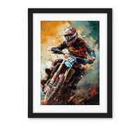 Artery8 Motocross Race Driver Sport Action Shot Painting Artwork Framed Wall Art Print 18X24 Inch