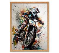 Artery8 Motocross Racer Paint Action Shot Home Decor 12x16" Framed Art Print in Light Oak | Size: W12" x H16" Artery8 Light Oak W12" x H16"