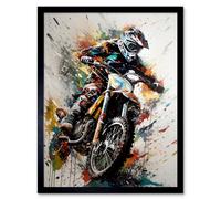 Artery8 Motocross Racer Paint Splat Action Shot Portrait Art Print Framed Poster Wall Decor 12x16 inch