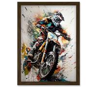Artery8 Motocross Racer Paint Splat Action Shot Portrait Artwork Framed Wall Art Print A4