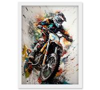 Artery8 Motocross Racer Paint Splat Action Shot Portrait Artwork Framed Wall Art Print A4