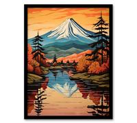 Artery8 Mount Fuji Reflecting In Lake Kawaguchi Waters Oil Painting Autumn In Japan Sacred Volcano Mountain Art Print Framed Poster Wall Decor Artery8 Black W12" x H16"