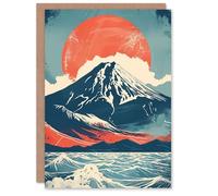 Artery8 Mount Fuji Sun Japanese Bold Artwork Blue Orange Greeting Birthday Card Him Her All Blank