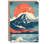 Artery8 Mount Fuji Sun Japanese Bold Artwork Blue Orange Greeting Birthday Card Him Her All Blank