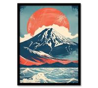 Artery8 Mount Fuji Sun Japanese Bold Artwork Blue Orange Living Room Artwork Framed Wall Art Print 18X24 Inch