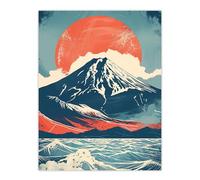 Artery8 Mount Fuji Sun Japanese Bold Artwork Blue Orange Living Room Unframed Wall Art Print Poster Home Decor Premium