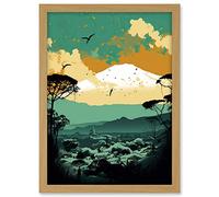 Artery8 Mount Fuji Sunrise Landscape in Teal Blue and Tan Artwork Framed A3 Wall Art Print