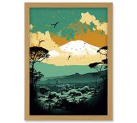 Artery8 Mount Fuji Sunrise Landscape in Teal Blue and Tan Artwork Framed Wall Art Print A4