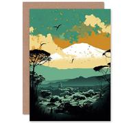 Artery8 Mount Fuji Sunrise Landscape in Teal Blue and Tan Travel Birthday Sealed Greeting Card Plus Envelope Blank inside