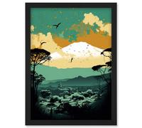 Mount Fuji Sunrise Landscape in Teal Blue and Tan Artwork Framed Wall Art Print A4 Artery8 Black One Size