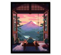Wall Art Print Mount Fuji View from House Patio Colourful Painting Traditional Tea Ceremony Japan Hospitality Sunset Mountain Landscape Art Framed Artery8 Pink A4