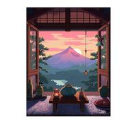 Wall Art Print Mount Fuji View from House Patio Colourful Painting Traditional Tea Ceremony Japan Hospitality Sunset Mountain Landscape Poster Artery8 Pink W12 inch x H16 inch