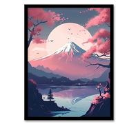 Artery8 Mount Fuji View Through Cherry Blossom Trees Pastel Colour Painting Pink Purple Blue Serene Lake Reflection Japanese Landscape Artwork Framed Wall Art Print 18X24 Inch
