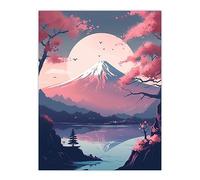 Artery8 Mount Fuji View Through Cherry Blossom Trees Pastel Colour Painting Pink Purple Blue Serene Lake Reflection Japanese Landscape Large Wall Art Poster Print Thick Paper 18X24 Inch