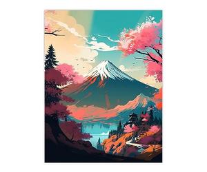 Artery8 Mount Fuji View Through Cherry Blossom Trees Vibrant Painting Pink Orange Blue Path to Japanese Temple on Tranquil Lake Landscape Large Wall Art Poster Print Thick Paper 18X24 Inch