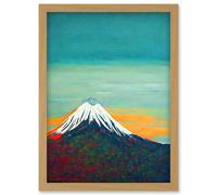 Mount Fuji Volcano Peak At Sunrise Artwork Framed Wall Art Print A4 Artery8 Light Oak One Size