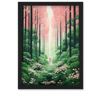 Artery8 Mount Yoshino Cherry Blossom Tree Forest Bright Artwork Baby Pink Green Walk In Nature Trail Wall Art Print - A4 Size