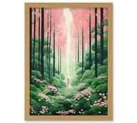 Artery8 Mount Yoshino Cherry Blossom Tree Forest Bright Artwork Baby Pink Green Walk in Nature Trail Artwork Framed A3 Wall Art Print