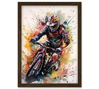 Artery8 Mountain Biker Action Shot Paint Splat Portrait Artwork Framed Wall Art Print A4