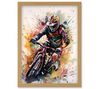 Artery8 Mountain Biker Action Shot Paint Splat Portrait Artwork Framed Wall Art Print A4 in Light Oak Artery8 Light Oak