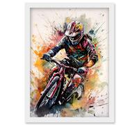 Artery8 Mountain Biker Action Shot Paint Splat Portrait Artwork Framed Wall Art Print A4 in White Artery8 White