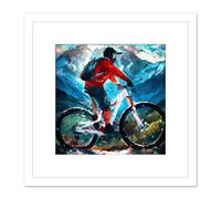 Artery8 Mountain Biker Biking Cycle Winter Sport Modern Painting Square Wooden Framed Wall Art Print Picture 8X8 Inch in White Artery8 White