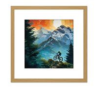 Artery8 Mountain Biker Cycle Forest Path Landscape at Sunset Oil Paint Square Wooden Framed Wall Art Print Picture 8X8 Inch