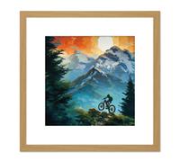 Artery8 Mountain Biker Cycle Forest Path Landscape at Sunset Oil Paint Square Wooden Framed Wall Art Print Picture 8X8 Inch