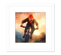 Artery8 Mountain Biker Cycle Sunset Downhill Ride Painting Square Wooden Framed Wall Art Print Picture 8X8 Inch in White Artery8 White