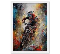 Artery8 Mountain Biker Paint Splat Action Shot Portrait Artwork Framed A3 Wall Art Print
