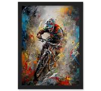 Mountain Biker Paint Splat Action Shot Portrait Artwork Framed Wall Art Print A4 Artery8 Black One Size